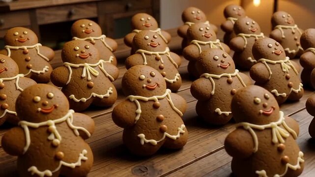 Rows of cheerful gingerbread cookies with icing detail, ready for holiday celebrations.