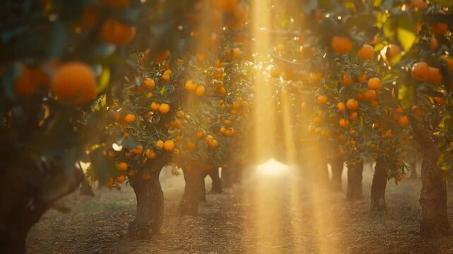 Sunlit Orange Grove at Sunrise Rows of Abundant Citrus Trees