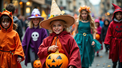 Obraz premium Children in Halloween Costumes Celebrating Trick-or-Treating