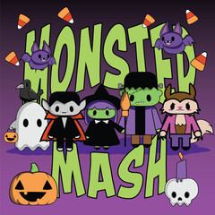 Cute Monster Mash illustration, Halloween Cartoon Characters Illustration
