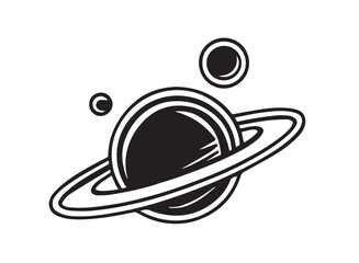 Stylized planet with rings and moons in black and white vector art space cosmos
