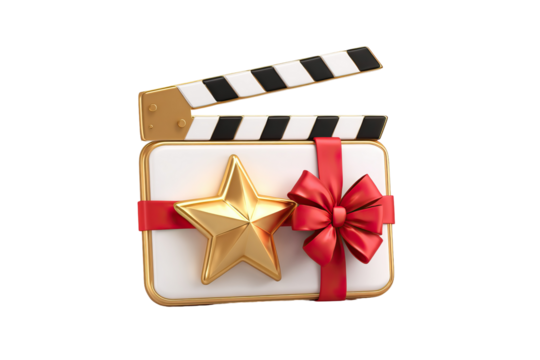 Festive 3D Clapperboard with Glowing Golden Star on Transparent Background