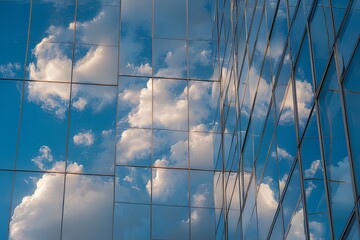 Modern glass skyscraper reflecting blue sky and clouds in urban cityscape