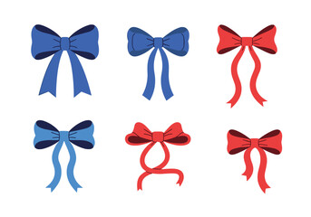 Collection of decorative ribbon bows in blue and red colors for celebrations and gifts