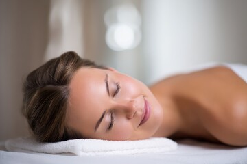 Fototapeta premium Young woman relaxing on massage table with towel in spa salon, ideal for wellness, beauty, skincare, spa treatment and relaxation concepts