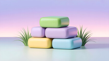 Pastel geometric cubes showcased in a clean beach display setting