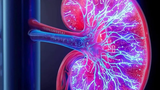 Human Kidney Anatomy Cross-Section with Illuminated Vascular System