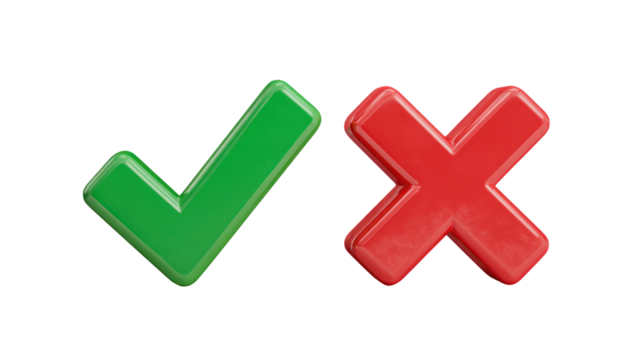 Green check mark and red cross sign isolated on transparent background