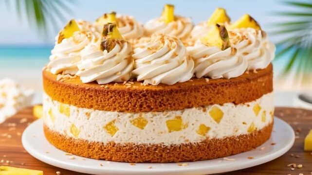A pineapple cake with cream frosting pineapple chunks  toasted coconut sits on a white plate with a beach backdrop