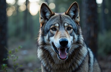Fototapeta premium A wolf standing outdoors in a forest setting with sunlight filtering through trees