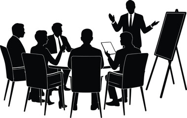 Silhouette of Business Team Meeting and Presentation with Standing Man near Whiteboard, Discussing Plans with Coworkers in the Office