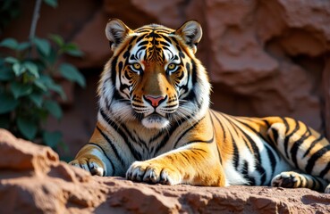 A majestic tiger resting on rocky terrain in a natural habitat