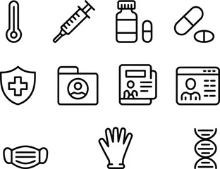 Collection of Medical Icons with Health Related Symbols such as DNA, Pills, Thermometer, Syringe, Gloves and other Safety Related Icons