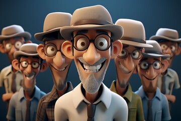 Group of animated characters with distinct features and expressions, set against a simple background