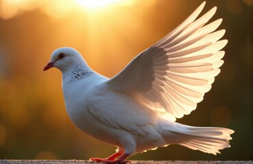Obraz premium White dove with wings spread during sunset creating a peaceful and serene atmosphere