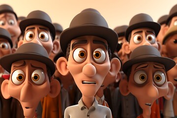 A crowd of anxious characters wearing hats, displaying various emotions in a stylized setting