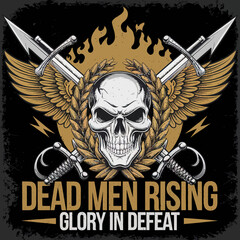 Vector Bold skull illustrations with crossed swords, wings, shields, and flaming elements. Gothic and warrior-inspired vector art featuring chains, bones, and dramatic . Perfect for t-shirt prints,