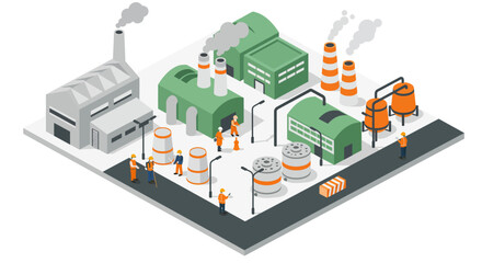 Obraz premium Isometric illustration of an industrial factory complex with workers and machinery