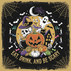2d vector illustration Halloween t shirt icon design items ghost character Candles in carved pumpkin