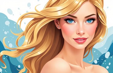 Fototapeta premium Woman with flowing blonde hair and bright blue eyes looking at the camera