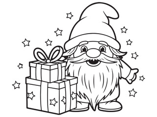 Line-Art of a Gnome with Gifts, Stars, and a Big Smile in a Christmas Scene.