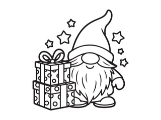 Festive Gnome Holding a Gift Box Surrounded by Stars in a Holiday Illustration.