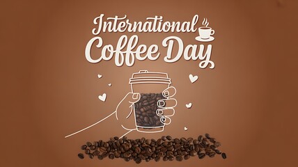 International coffee day celebration with hand holding coffee cup and beans