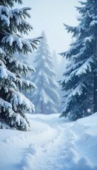 Naklejka premium Soft, fluffy snowflakes gently descend on a tranquil winter landscape, blanketing the ground in a pristine layer of white Perfect for winter holiday or seasonal themes , quiet, background