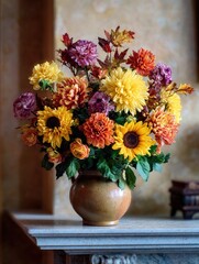 Beautiful arrangement of autumn flowers (chrysanthemums, sunflowers) in ceramic vase as Thanksgiving centerpiece on mantelpiece. Festive, colorful.