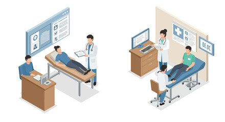 Isometric hospital scenes with doctors and patients in modern medical environment