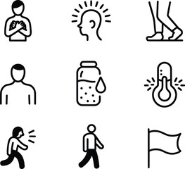 Set of Health Condition and Medical Treatment Icons Representing Chest Pain, Dehydration, Fever, Sore Throat, and General Recovery Support