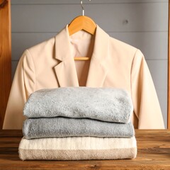 Beige blazer, grey and cream sweaters on wooden shelf