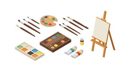 Isometric art supplies collection with brushes, paints, and easel for creative projects