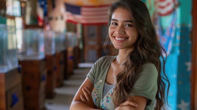 A woman stands in a hallway with her arms crossed, looking confident and assertive
