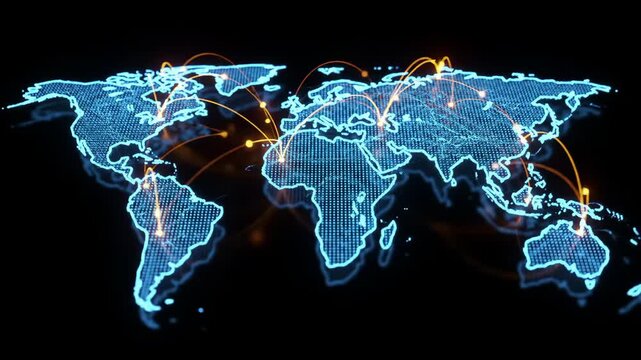 Futuristic World Map with Dynamic Global Network Connections