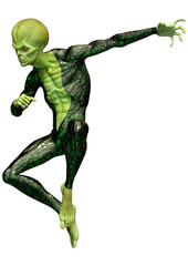 3D Rendering Green Alien on White