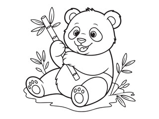Line-art illustration of an adorable panda sitting and holding a bamboo stick, surrounded by bamboo leaves, creating a cute and playful animal scene.
