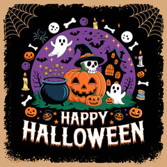 2d vector illustration Halloween t shirt icon design items ghost character Candles in carved pumpkin
