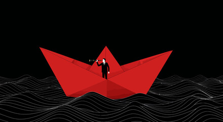 Businessman in red paper boat navigating dark waves with telescope