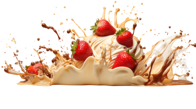 Ice cream topping splash syrupy caramel chocolate on transparent background