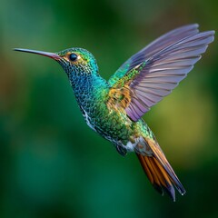 Obraz premium Macro hyper realistic capture of hummingbird wings high speed motion blurred green backdrop cinematic wildlife detail