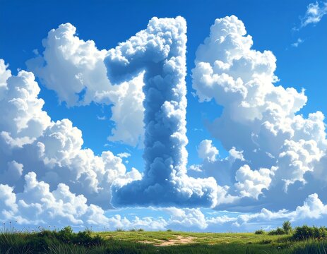 Cloud number one against a vibrant blue sky and a grassy field