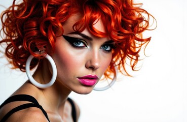 Fototapeta premium Woman with vibrant red curly hair and bold makeup looking at the camera