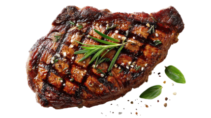 Juicy grilled steak with grill marks herbs and seared edges on transparent background
