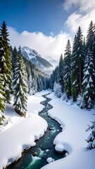 Frozen river winding through snowy forest, mountains in background