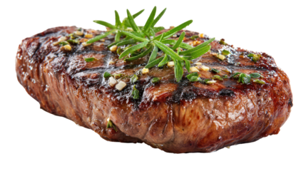 Juicy grilled steak with grill marks herbs and seared edges on transparent background