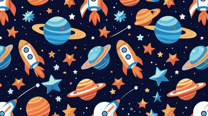 Naklejka premium Playful space-themed pattern featuring rockets, planets, and stars on a dark background