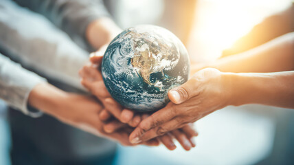 ESG, empathy ,partnership and Social connection. Business people join hands together for social responsibility .World environment day