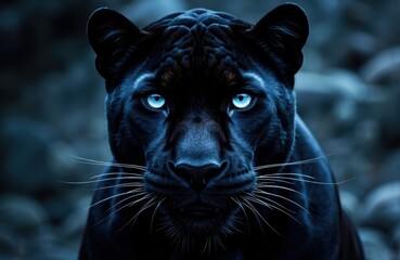 A black panther with piercing blue eyes staring intensely at the camera