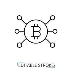 A cryptocurrency icon in minimalist style with editable stroke. Bitcoin symbol, digital finance element, blockchain object, fintech concept, virtual money pictogram, electronic design, crypto graphic.